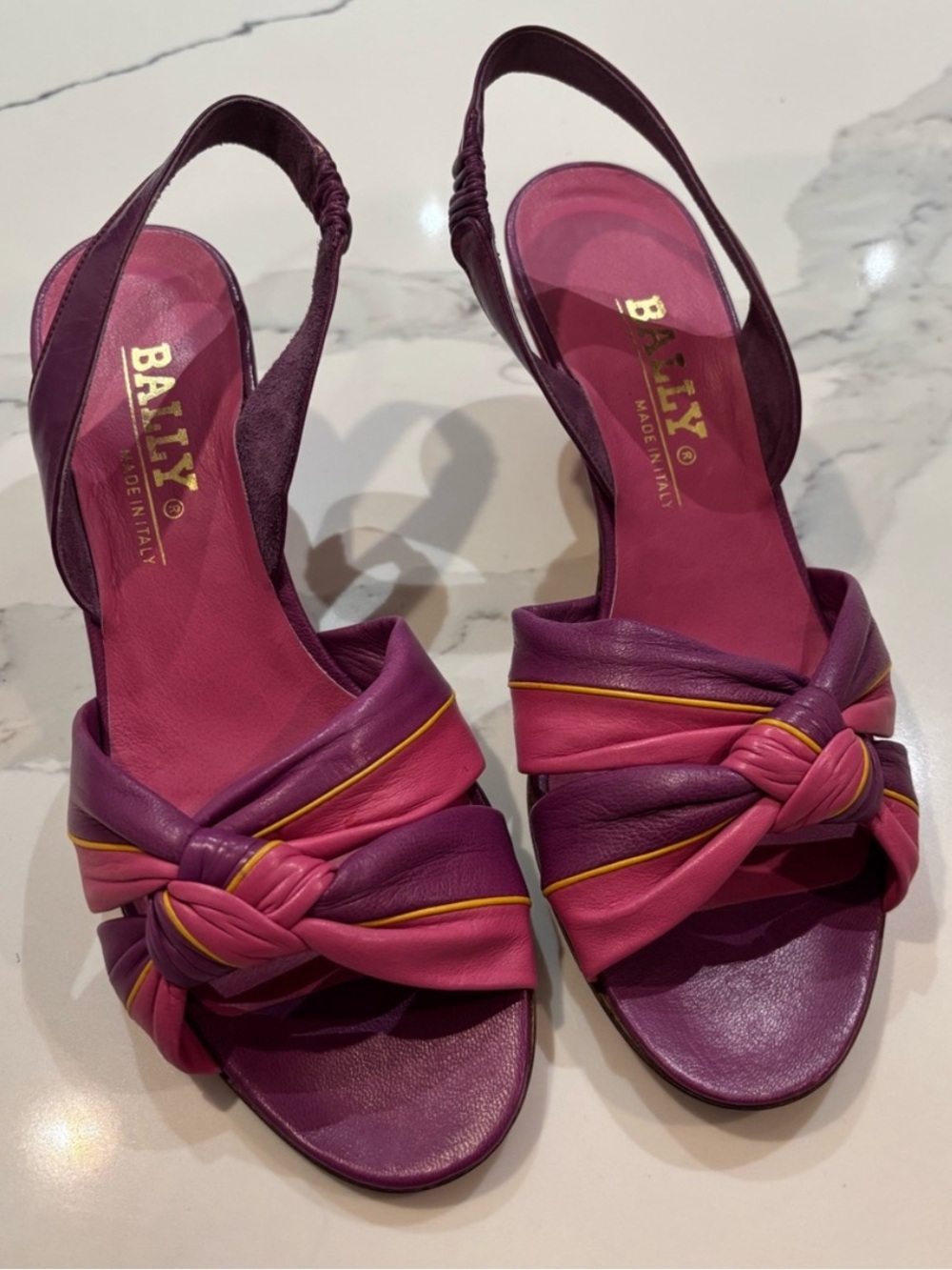 Bally Pink and Plum Knotted Slingback Heels with Yellow Trim
